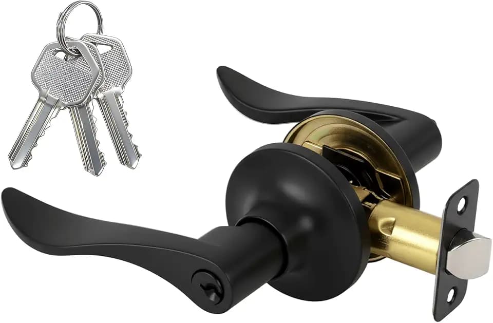 Keyed Entry Door Lever, Door Handle with Lock and Key, Exterior ＆ Interior Door Handle for Bedroom, Wave Style Lever Matte Black, Reversible for Left/Right