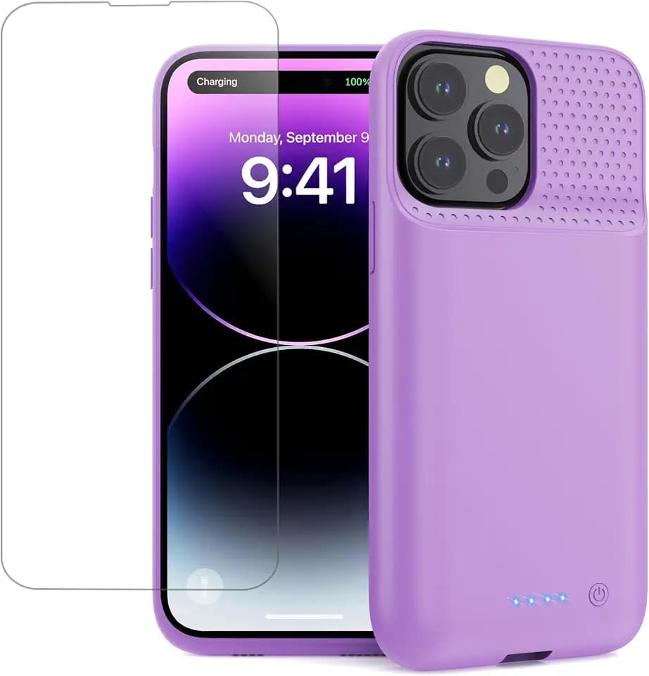 Pxwaxpy Battery Case for iPhone 13 Pro Max/14 Pro Max/14 Plus,Slim 8600mAh Charger Case Upgraded 360°Anti-Fall Protection Rechargeable Charging case for iPhone 13 Pro Max/14 Pro Max/14 Plus Purple
