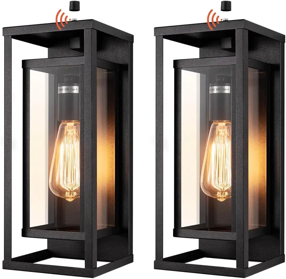 mirrea 14" Dusk to Dawn Outdoor Wall Sconce, Matte Black, Pack of 2