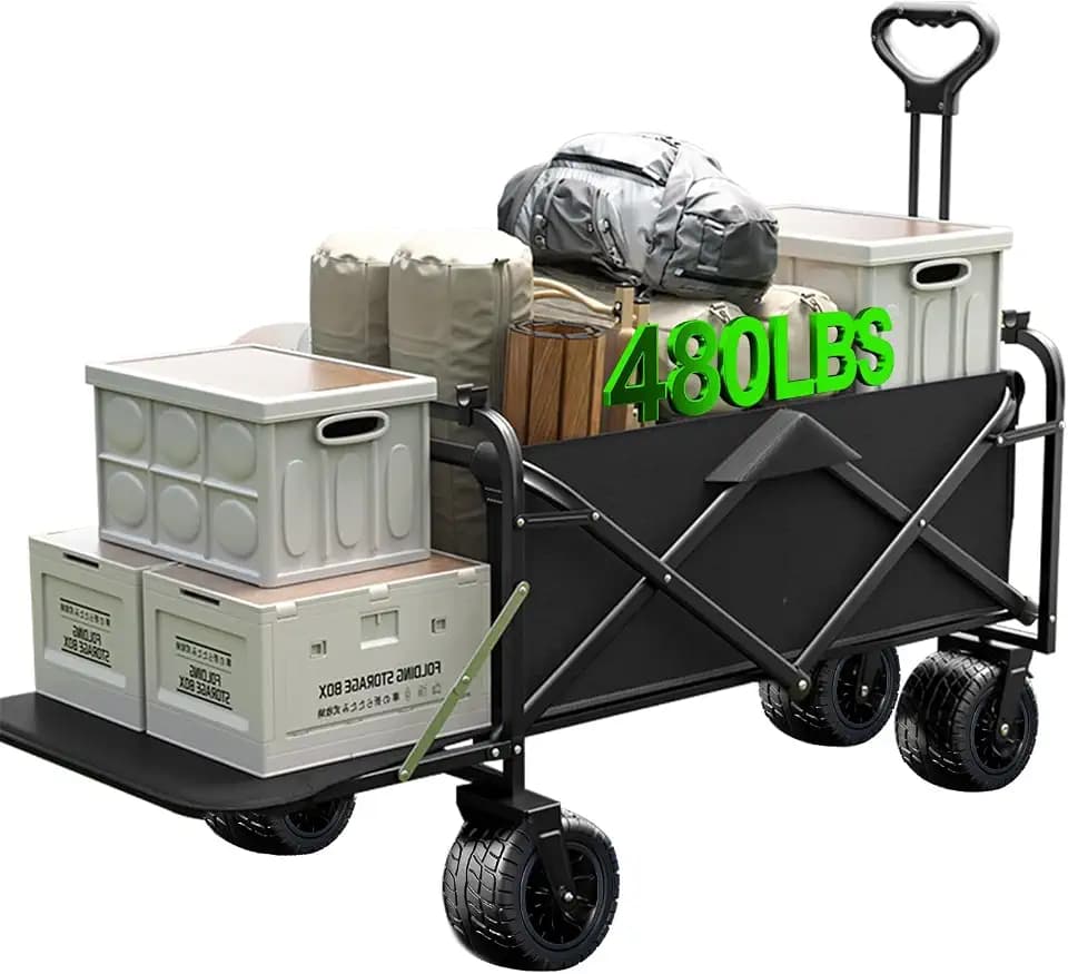 Collapsible Wagon Cart Foldable with Tailgate, 240L 480lbs Capacity, Heavy Duty Beach Wagon with Wheels Brake, Shopping Carts for Grocery, Camping, Garden Cart