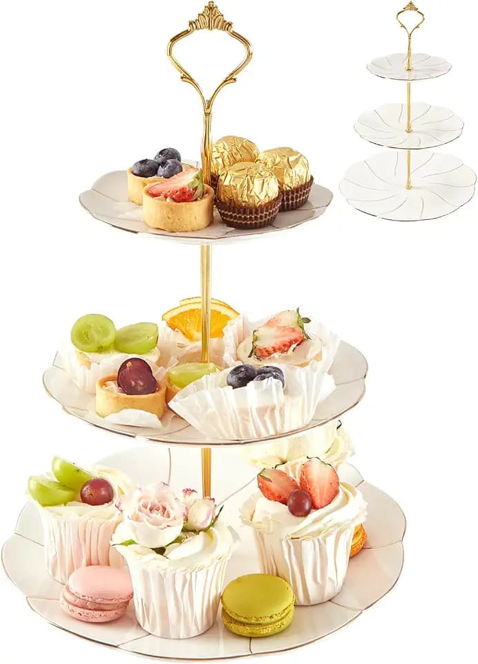 DUJUST Luxury Porcelain 3-Tier Cupcake Stand Tower, British Style Serving Tray with Golden Trim, Food Grade Dessert Display Stand, Beautiful Gift for Tea Party & Home Décor