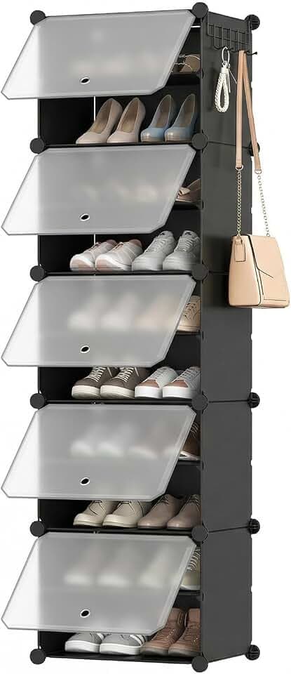 HOOBRO Schuhregal mit 10 Ebenen, Schmal Schuhschrank, Schuh-Organizer, mit Türen, Kunststoff, DIY Steckregal, für Eingang, Schlafzimmer, Flur, Schwarz und Transparent EBW11SC01