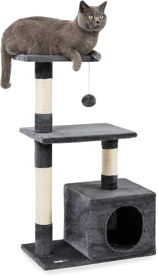 lionto Kratzbaum mit Höhle & viel Sisal, 3 Ebenen, Höhe 85 cm, Dunkelgrau | Kleiner Katzenbaum mit Plüschball, Kuschelhöhle & Liegefläche zum Klettern, Spielen, Verstecken, Ausruhen & zur Krallenpflege