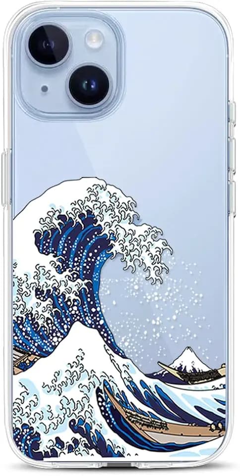 Compatible with iPhone 15 Case, Ocean Sea Japanese Wave Floral Flower Shockproof Protective Bumper Hard Back Slim Cute Clear Phone Cover for Women Girls 2023 6.1", Tokyo Wave 15