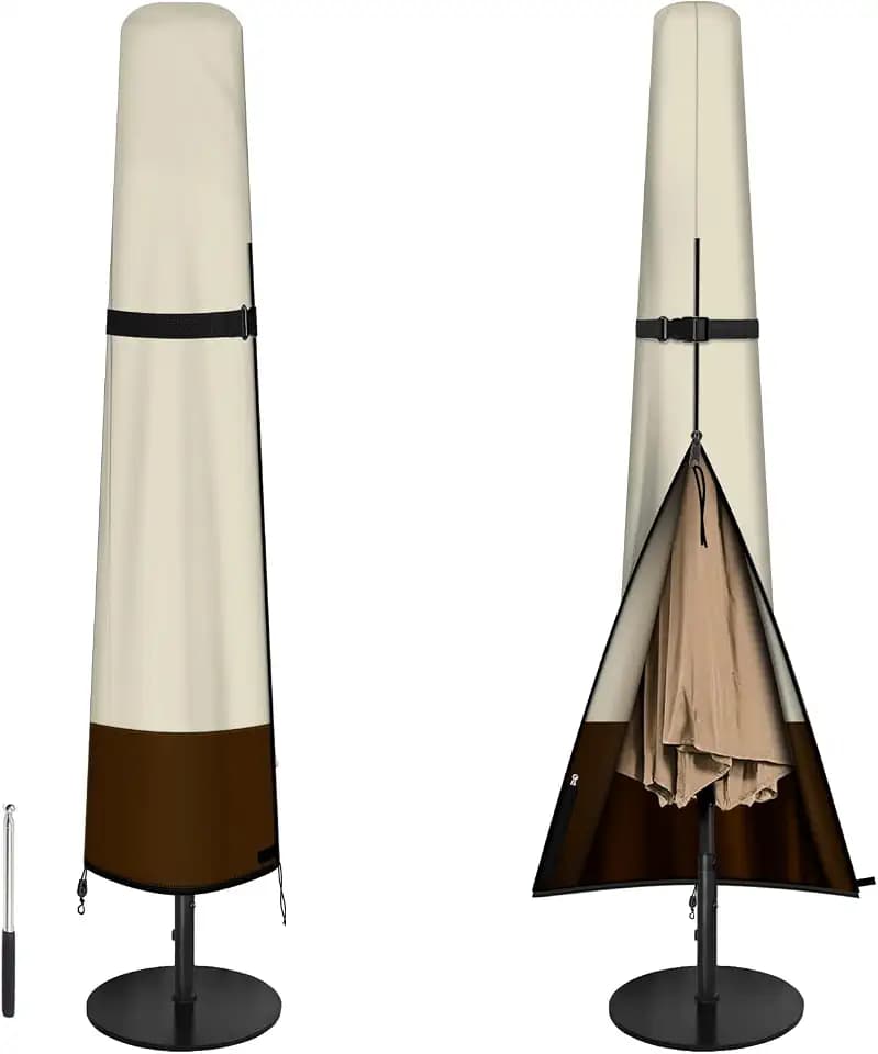 Patio Umbrella Cover Outdoor Umbrella Cover with Rod Waterproof Durable 420D Polyester Fabric Patio Parasol Umbrellas Cover for 7ft to 11ft Outdoor Umbrella (600D Beige & Brown)