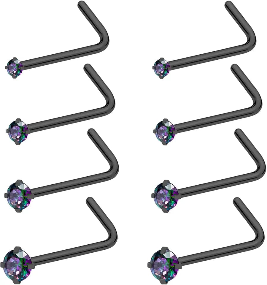 20G 18G Nose Rings Studs Stainless Steel Nose Rings for Women Men Round CZ Nose Bone L Shaped Screw Nose Stud Ring Set Nostril Piercing Jewelry Silver Gold Black