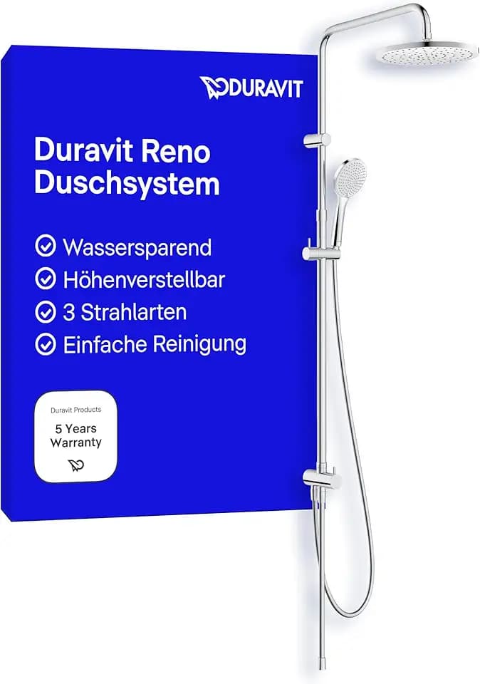 Duravit Reno Duschsystem, wassersparende Regendusche Ø 25 cm mit Umsteller, Duschset ohne Armatur, Handbrause mit Schlauch und 3 Strahlarten, ideal für Renovierungen, Chrom