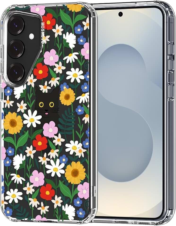 MOSNOVO Case for Samsung Galaxy S25 / Galaxy S24, [Buffertech 6.6ft Military-Grade Drop Protection] [Anti Peel Off Tech] Clear TPU Bumper Phone Case Cover Design - Black Cat in Garden