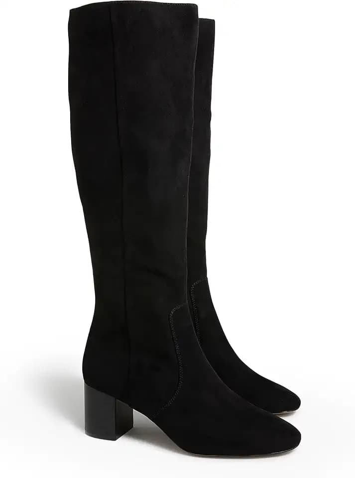 Coutgo Womens Chunky Heel Knee High Boots Suede Round Toe Fall Winter Tall Boots with Side Zipper