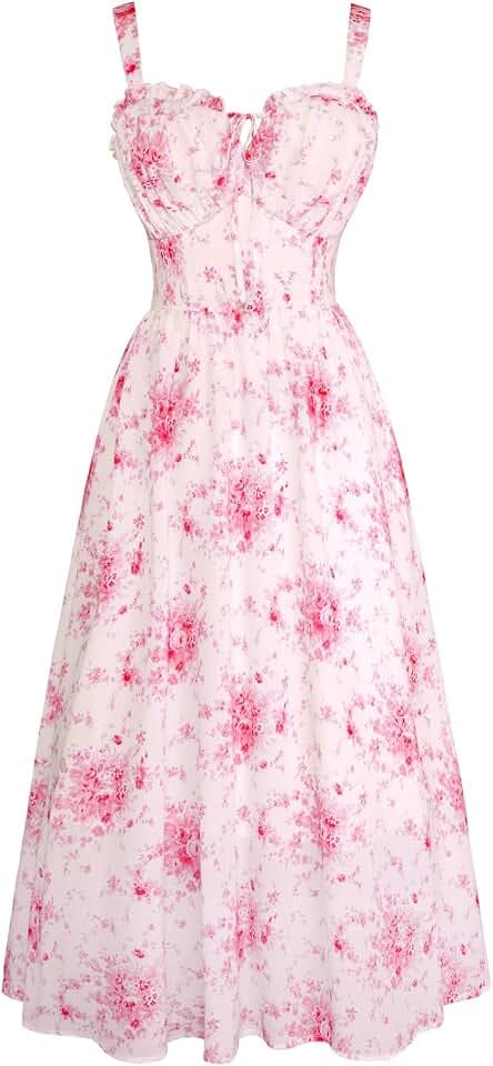 SCARLET DARKNESS Damen Sommerkleid Lang Ärmellos Blumendruck Chiffonkleid Spaghettiträger Strandkleid mit Taschen