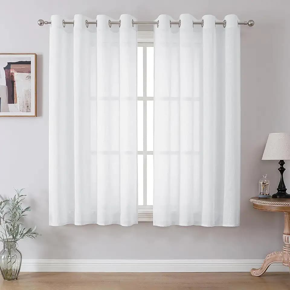 CUCRAF Leinenoptik Weiß Voile Vorhänge mit Ösen Halbtransparent Gardine für Schlafzimmer Wohnzimmer H175 x B140cm 2er Set