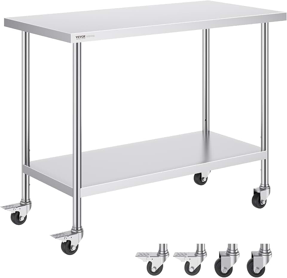 VEVOR Stainless Steel Work Table 24 x 48 x 38 Inch, with 4 Wheels, 3 Adjustable Height Levels, Heavy Duty Food Prep Worktable for Commercial Kitchen Restaurant, Silver
