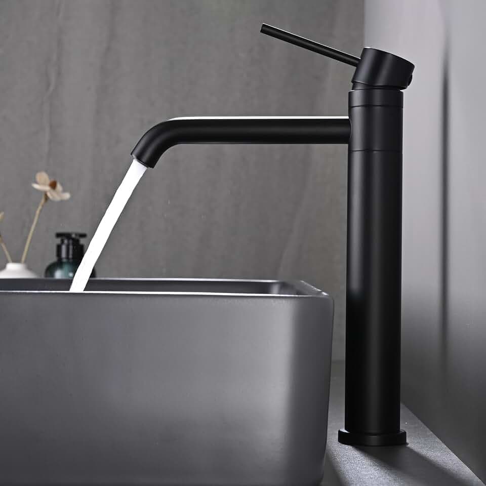 Wasserhahn Bad Hoch DETBOM, Mischbatterie 360°Schwenkbar, Mattschwarz | Einhebelmischer Mischbatterie Waschbecken Bad für Aufsatzbecken, Warm- und Kaltwasserhähne, Wasserauslasshöhe 204 mm