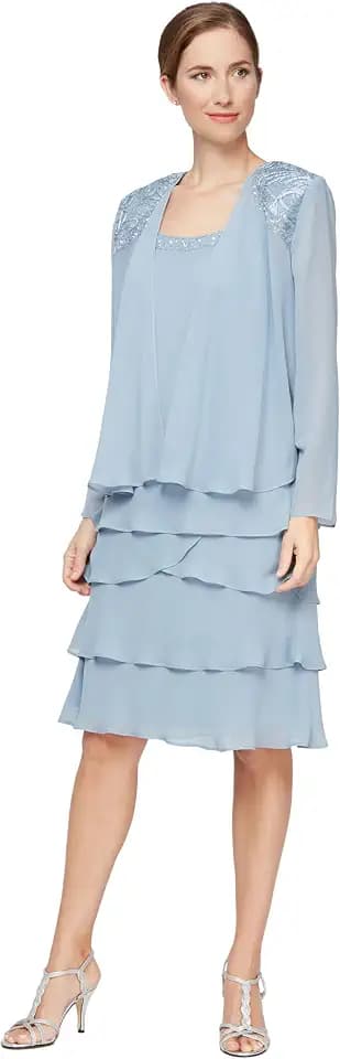 S.L. Fashions Women's Mother of The Bride Tiered Jacket Dress with Shoulder Embellishment