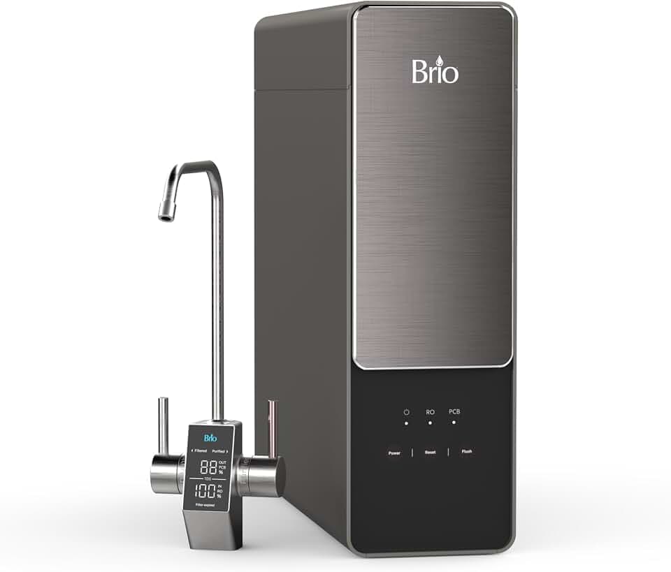 Brio AQUUS TROE800COL Reverse Osmosis Water Filtration System, 4-Stage Tankless RO Water Filter System for Under Sink, 800 GPD, 2:1 Pure to Drain, Reduces TDS, Smart Faucet, USA Support, Black/Silver