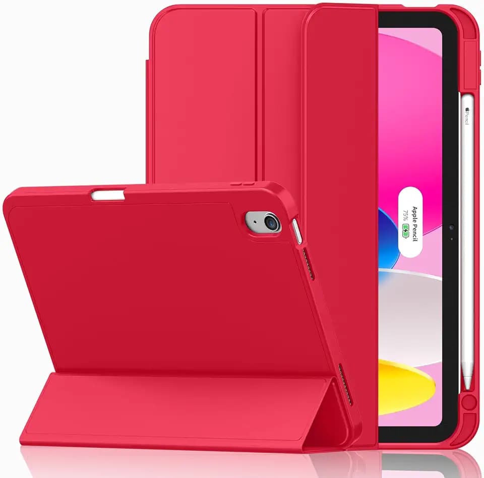 iMieet Case for iPad (A16)/iPad 10th Generation [11-Inch 2025/10.9 Inch 2022], Trifold Stand Smart Cover with Pencil Holder and Soft TPU Back, Supports Touch ID(Red)