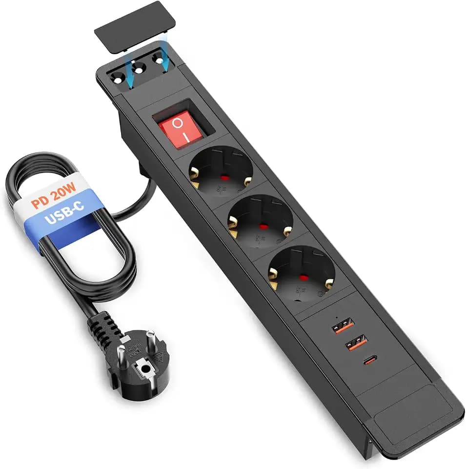 Einbau Steckdosenleiste mit USB C PD 20W, Einbausteckdose USB Tischsteckdose 3 Fach mit Schalter 2M Kabel, Schwarz