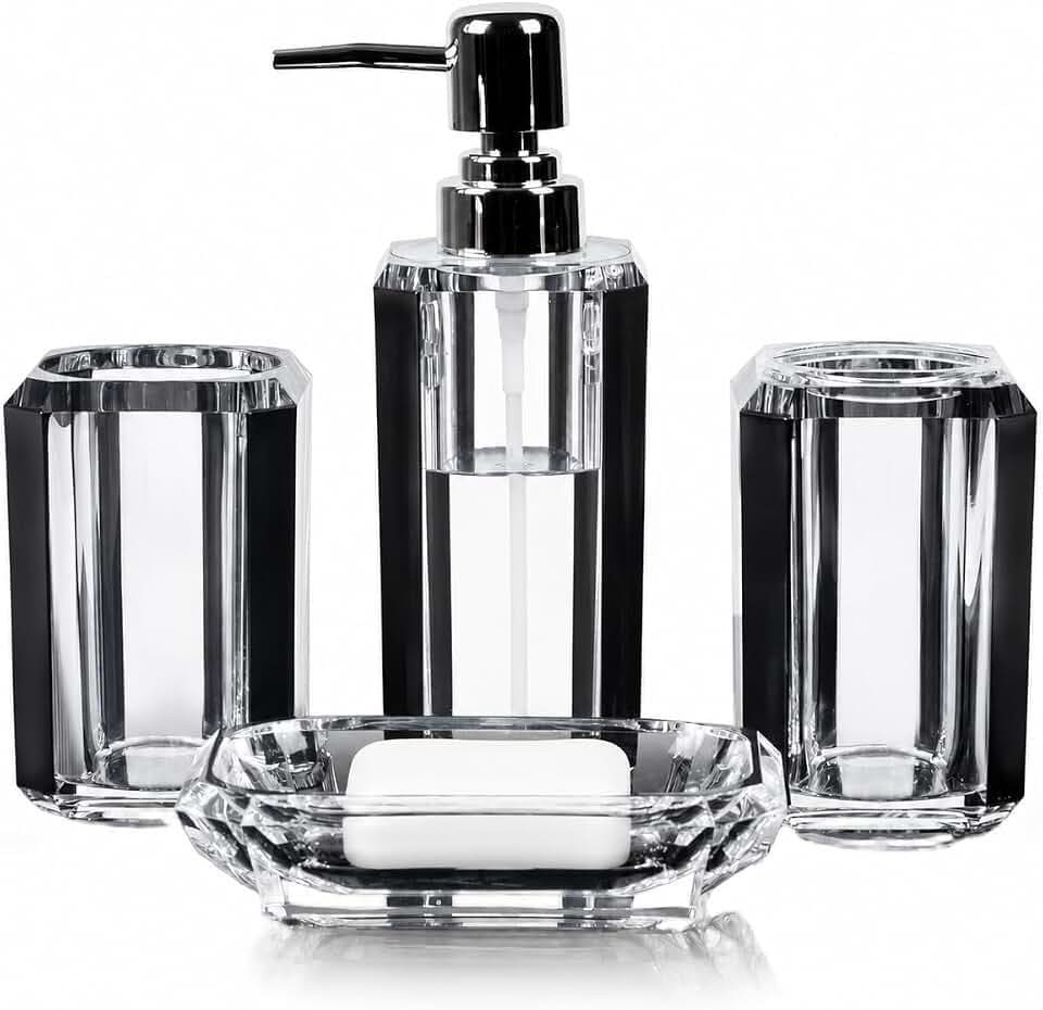 LGURT 4pc Crystal Acrylic Bathroom Set, Brushed Black Edge Accents
