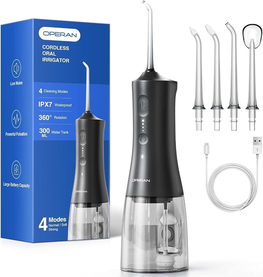 Operan Munddusche Kabellos, Tragbar Elektrische Zahndusche 4 Modi & 4 Düsen, 300ML Oral Irrigator Munddusche Testsieger für Entfernt Speisereste und Reinigt Die Zähne (Black)