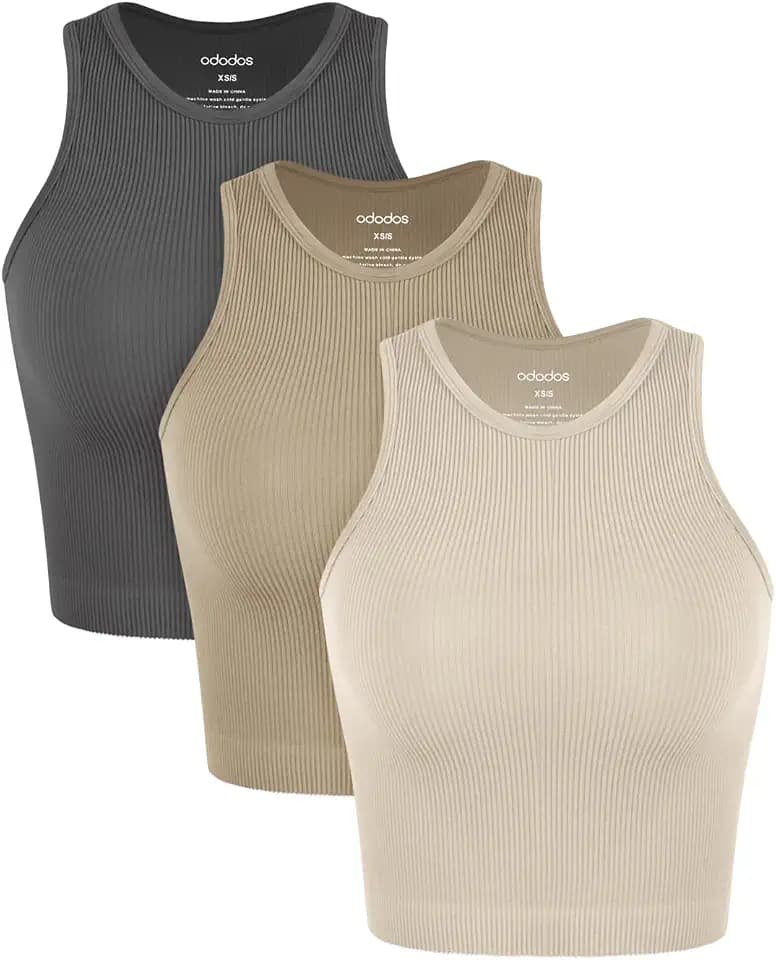ODODOS 3-Pack Seamless Crop Tank for Women Ribbed Soft High Neck Cropped Tops