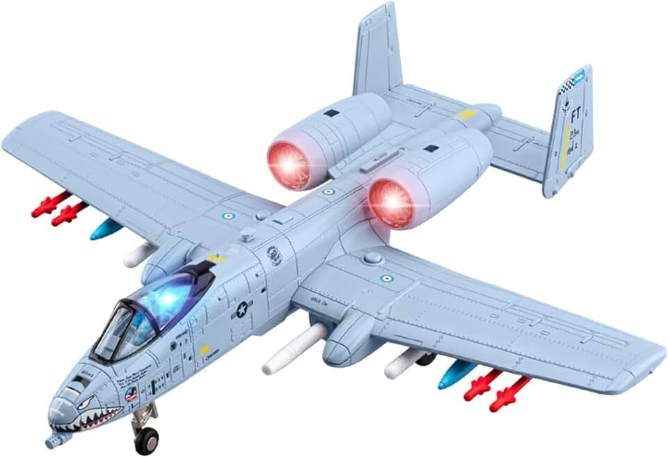 A10 Warthog Diecast Model Airplane Toy, 1:72 Plane Thunderbolt II, Military Fighter Jet Toy, Launch Missiles, Light and Sound, Age 8+ (Blue)