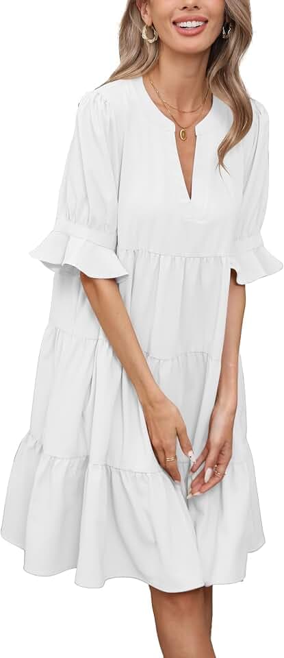 Famulily Damen-Sommerkleid, lässig, V-Ausschnitt, Puffärmel, einfarbig, lockere Passform, Swing-Hemdkleid mit Taschen