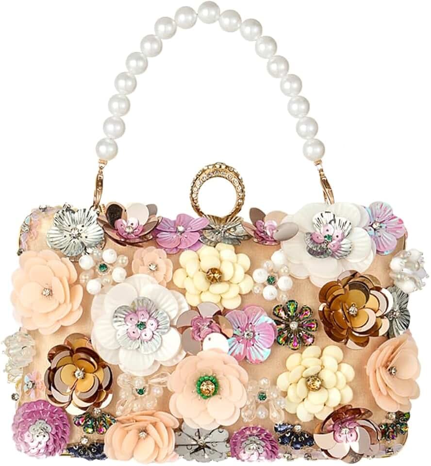 Women's Floral Evening Handbags Colorful Rhinestone Flower Clutch Purses Floral Bride Wedding Handbag Long Chain Shoulder Bag