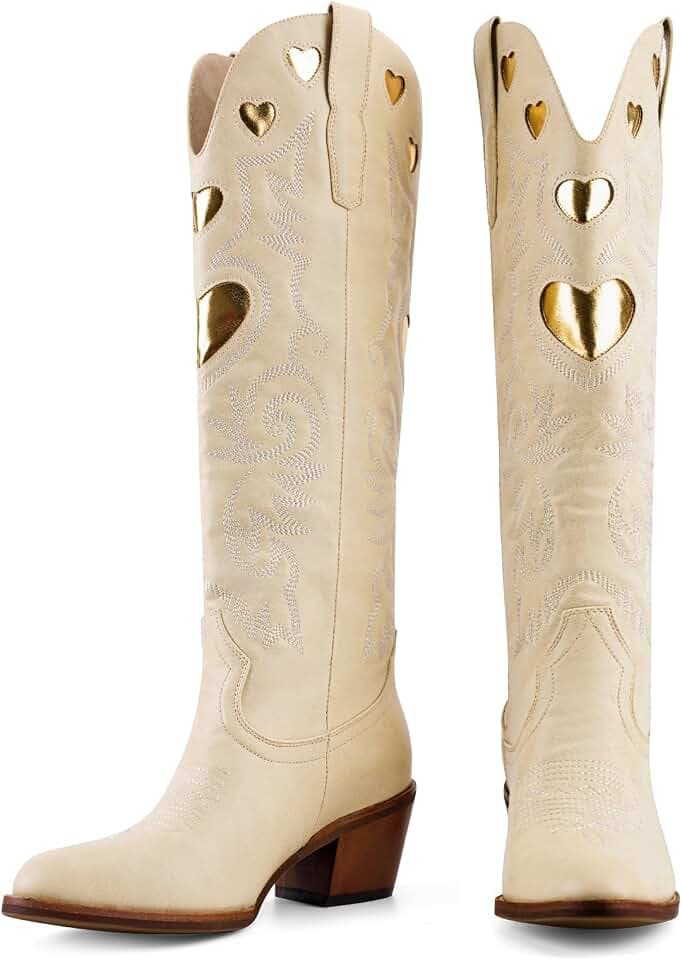 Knee High Boots for Women Heart Embroidered Western Boots Round Toe