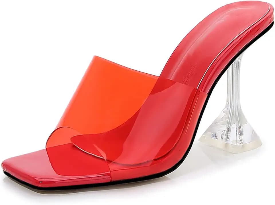Women's Clear Square Open Toe High Heel Sandals Fashion Slip On Backless Crystal Stiletto Heel Slide Sandals Sexy Wedding Party Prom Dress Shoes 4.5-14 Size