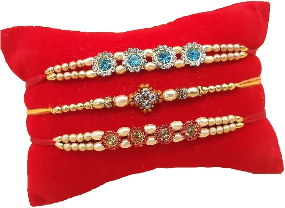 Rakhi Bracelet, Wrist Band. Fancy Rakhi unique beautiful stones blue white, red stones, Rakhi gift celebration with your Brother, Bhabhi/Sibling, Sister, Father & Family.