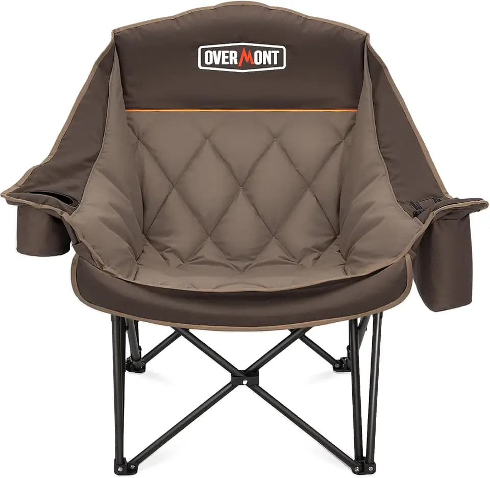OVERMONT Übergroßer Klappbar Campingstuhl Campingsofa - bis 204KG Belastbar - Faltbar Campingsessel Gepolstert mit Getränkehalter Kühltasche hoher Rückenlehne für Outdoor Indoor Camping Garten Khaki