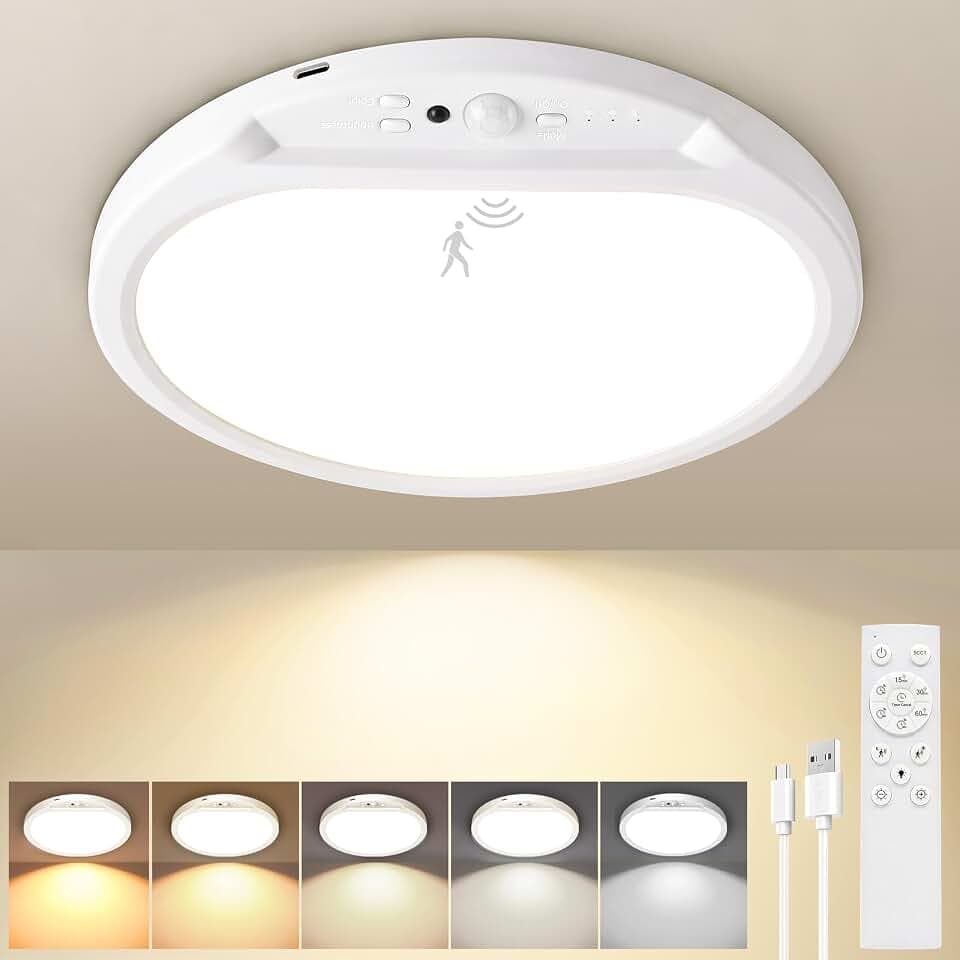 shochi Deckenlampe mit Bewegungsmelder, Kabellos Aufladbare LED Deckenleuchte, 8000mAh Lange Laufzeit, 5 Farbtemperaturen, Akku Lampe mit Fernbedienung Timer für Keller Garage Schlafzimmer Flur