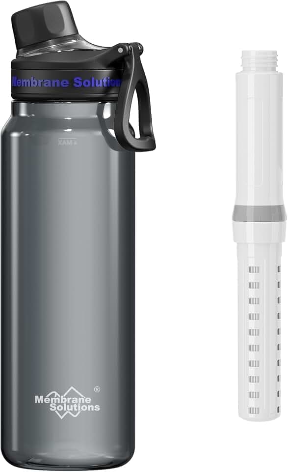Membrane Solutions Outdoor Wasserfilter Flasche 1000ml(36oz) mit ACF- und UF-Filterkartusche, Tritan, 0,1 μm Filtergenauigkeit, entfernt 99,9999% E.Coli, BPA-freie, Camping, Reisen, Survival, Grau