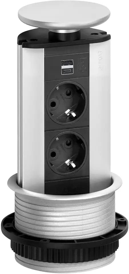 Steckdosenleiste EVOline Port 2x Schukosteckdosen 1x USB-A, C-Charger Alufarbig
