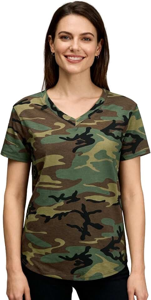 Women's Camo V-Neck T-Shirt, Stretchy Camouflage Top in Cotton Blend, Breathable Shirt for Womens Fitness Daily Wear
