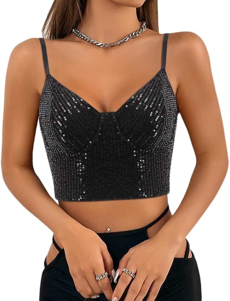 Segreto Damen Glitzer Pailletten Tanktop Spaghettiträger