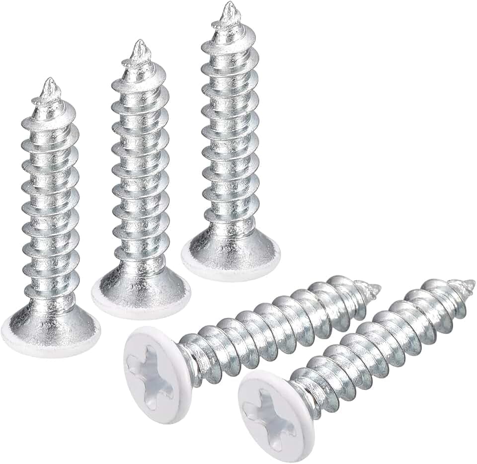 sourcing map ST4 x 18 mm weiße Schrauben selbstschneidende Schrauben, 100 Stück Flachkopf-Kreuzschlitz-Holzschrauben für Holzbearbeitung