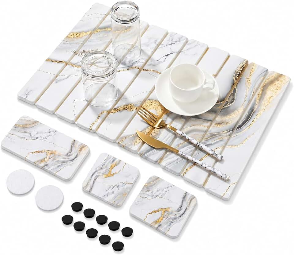 Drying Stone for Kitchen Counter, Extra Large 24"x16" Foldable Diatomaceous Earth Dish Mat Set for Pots, Cups & Coffee Station, Roll Up Absorbent Sink Side & Bathroom Vanity Pad, White Marble