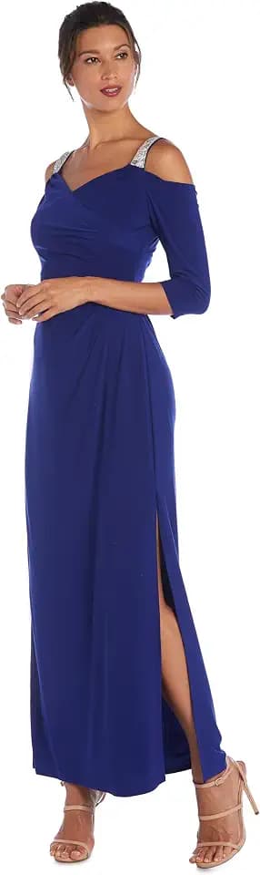 R&M Richards Women's Long Off Shoulder Formal Dress W/Rhinestone Straps, Sweetheart Neckline & Side Slit