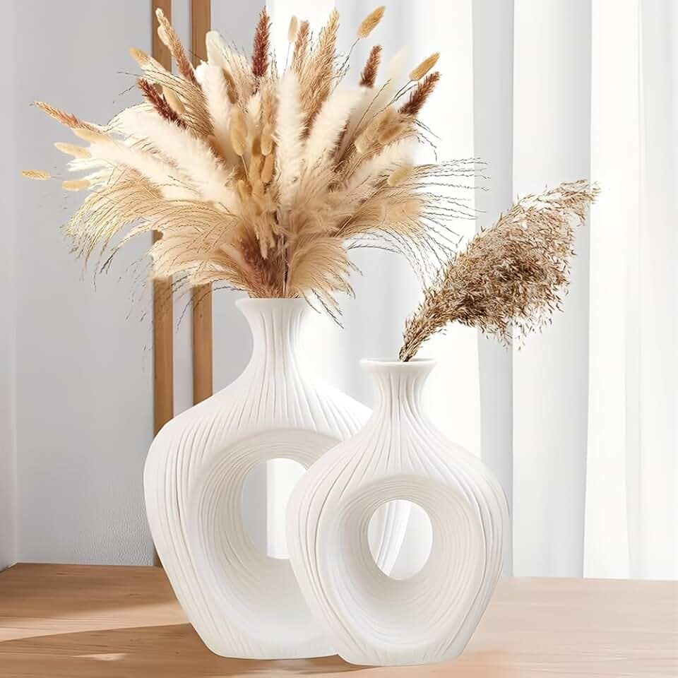 Keramik Vase Weiß Matt Rund Deko Vasen Set 2er Moderne Boho Blumenvase für tulpen pampasgras passend für Wohnzimmer Schlafzimmer Büro Hochzeit Party Tischdeko (Höhe: groß: 23cm klein: 18cm)
