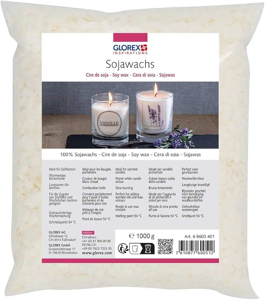 GLOREX 6 8603 401 - Sojawachs-Mix, 1000 g, gebrauchsfertige Wachsmischung, brennt warm weiß, gute Brennqualität, Schmelzpunkt 54°C, zur Kerzenherstellung