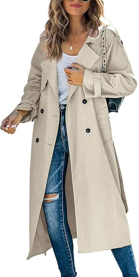 Frauen Trenchcoat Casual Einfarbig Langarm Zweireiher Jacke mit Taschen für Streetwear Oberbekleidung