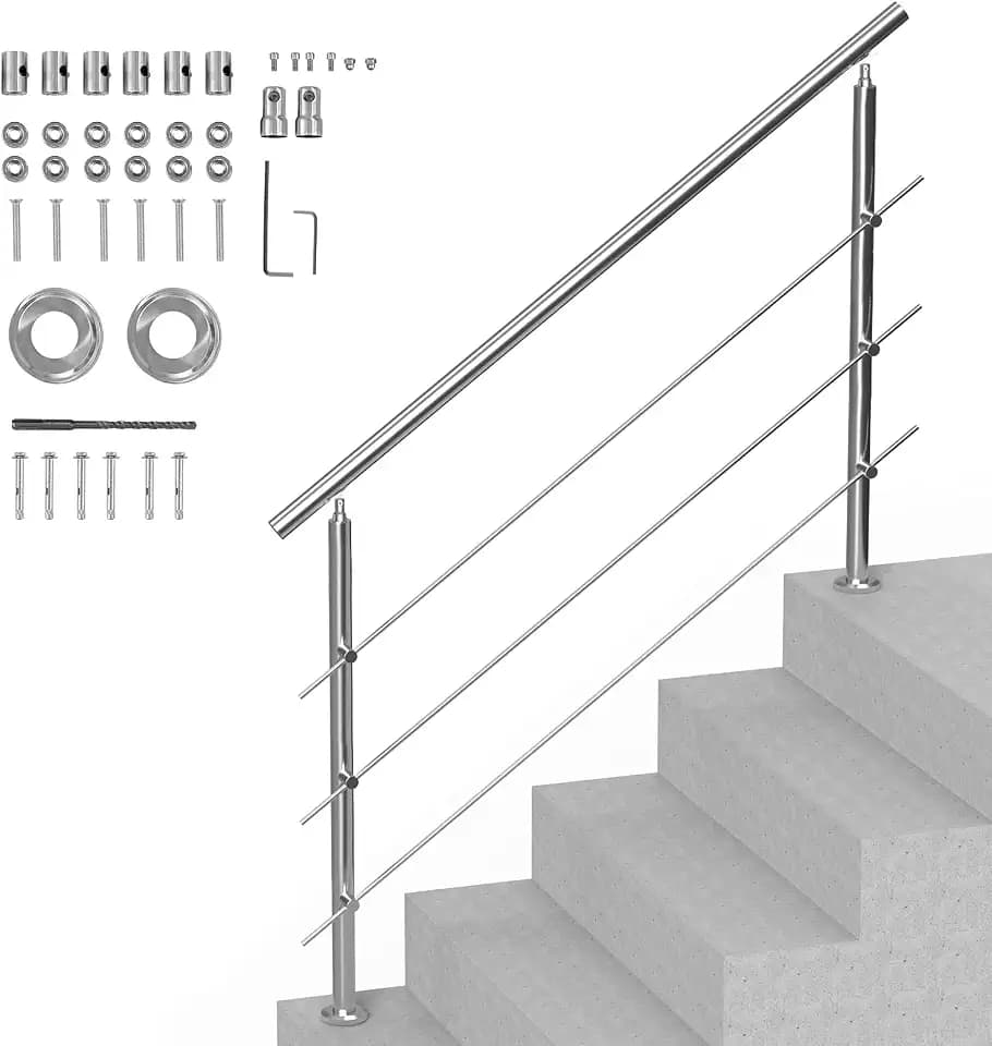 VEVOR Handläufe für Außentreppen, 150 cm Länge, 3 Querstangen, Treppenhandlauf-Set, Übergangsgeländer aus Edelstahl mit Montagesatz, doppelsäulige Treppenhandläufe für Senioren, Veranda und Terrasse