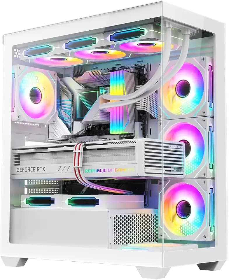 RUIX OV603 ATX Mid-Tower PC Case, Spacious High-Airflow Gaming Case with 4 x 120mm PWM ARGB Fans, USB 3.0 & Type-C Ports, Tempered Glass, Large Capacity Computer Case - White