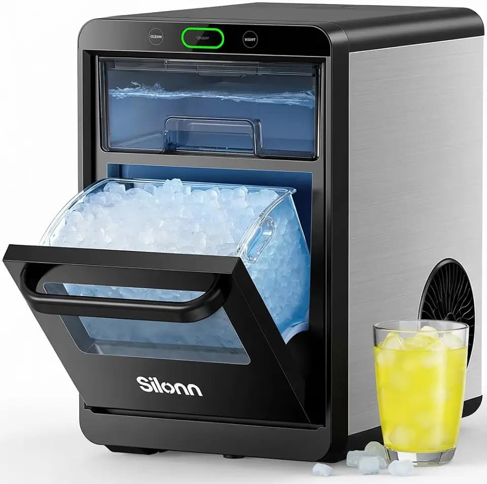 Silonn Nugget Ice Maker Countertop - 44lbs/24h Crushed/Pebble Ice Machine, Front Pull-Out Water Tank & Removable Basket, Stainless Steel Finish for Home Kitchen