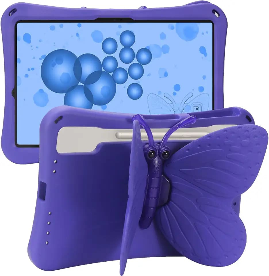 Dteck Kids Case for Samsung Galaxy Tab S10+ Plus/S9 FE Plus/S9 Plus/S8 Plus/S7 FE/S7 Plus 5G 12.4 inch,Cute Butterfly Kids Case Lightweight Roating Stand Shockproof Rugged Heavy Duty Girl Cover,Purple