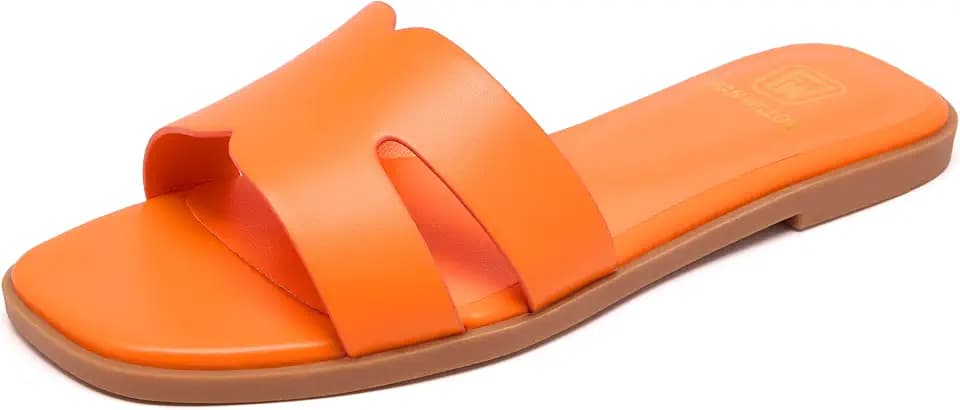 FW FRAN WILLOR Women's Flat Sandals Dressy Comfortable Slide Sandals Fashion Slip On Square Open Toe Beach Sandals for Summer