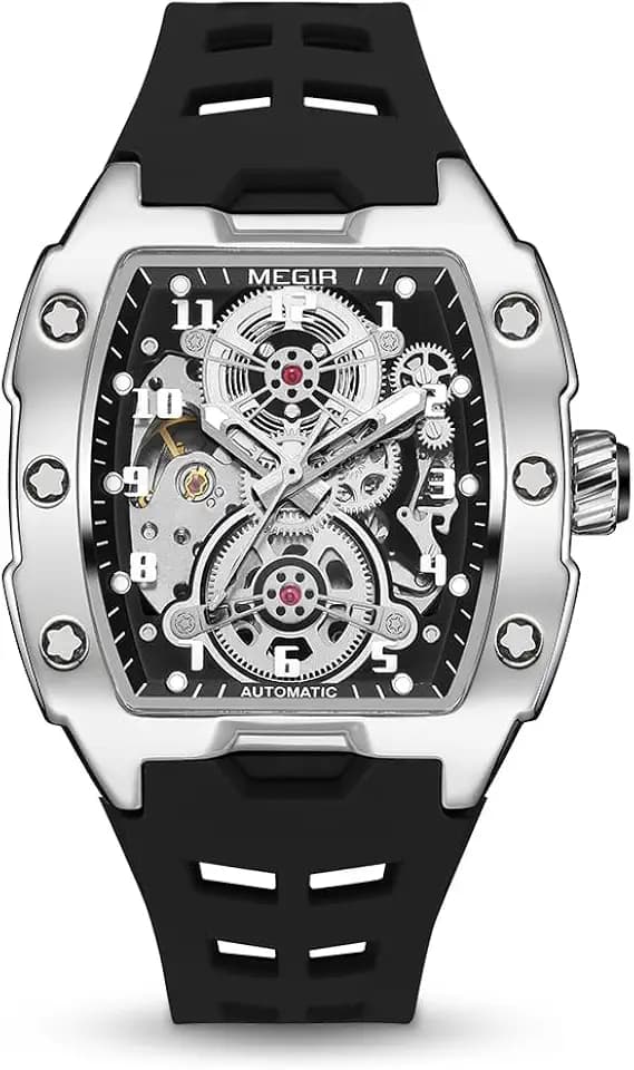 MEGIR Automatic Mechanical Men Watch, Silicone Band, 43x50mm Alloy Case, 3ATM Water Resistant, Luminous Hands