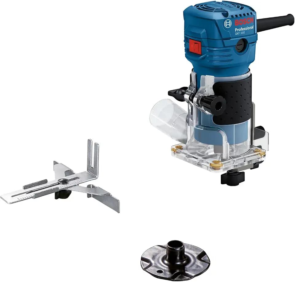 Bosch PRO Kantenfräse GLF 55-6 (550-W-Motor, Drehzahl 33.000 min⁻¹, inkl. 2x Einmaulschlüssel, 1x Spannzange, Parallelanschlag, Führungsrolle zum Bündigfräsen)