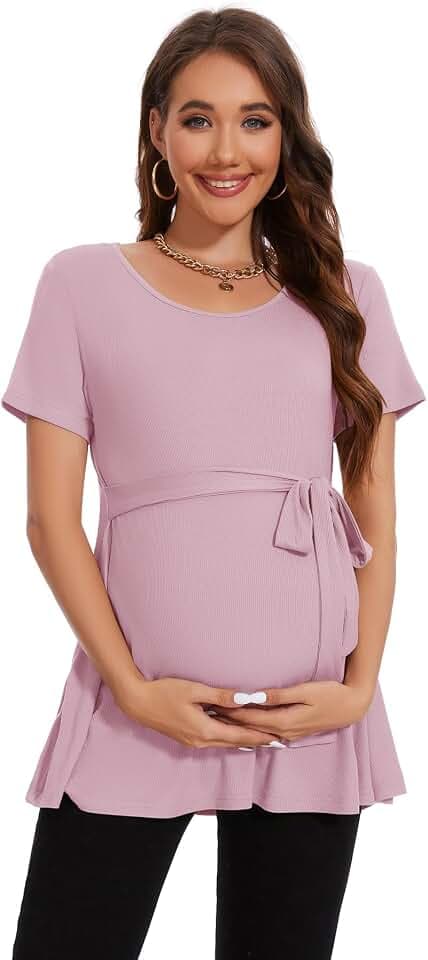Smallshow Damen Umstandsmode Tie Front Kurzarm umstandsshirt Sommer,Pink,M